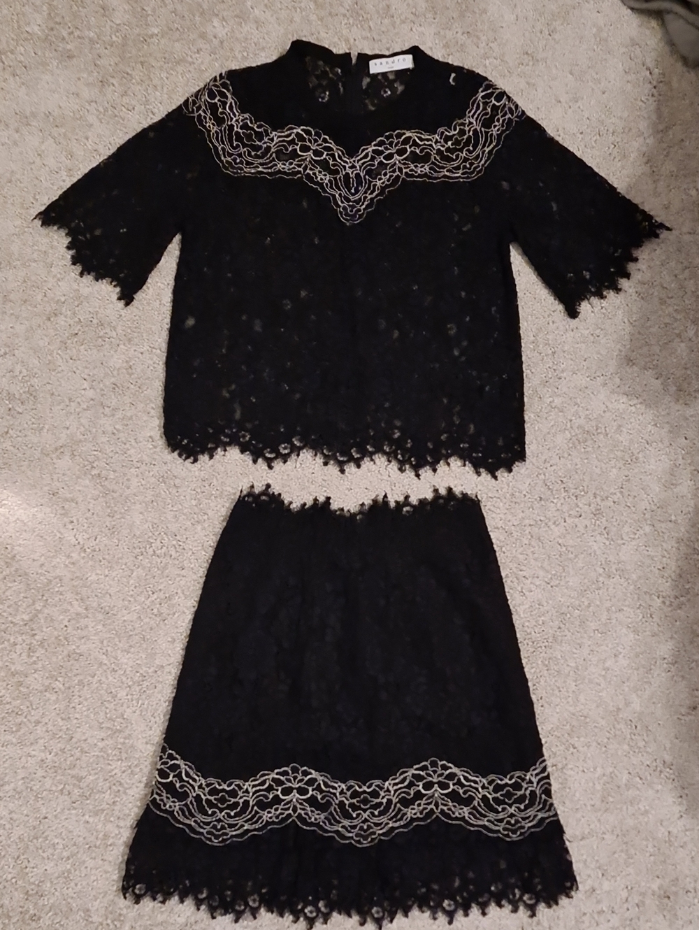Sandro Black Lace Two-Piece Skirt Set with Cream Trim